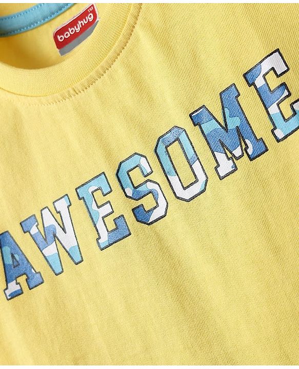 Babyhug Cotton Knit Half Sleeves T-Shirt With Stripes & Awesome Text Print Pack Of 3 - Yellow & Light Blue