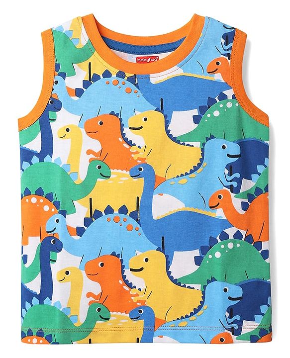 Babyhug Cotton Knit Sleeveless Tank T-Shirts with Dino Print & Stripes Pack of 3 - Multicolor