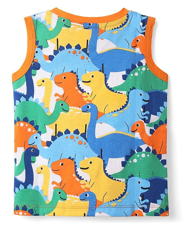 Babyhug Cotton Knit Sleeveless Tank T-Shirts with Dino Print & Stripes Pack of 3 - Multicolor