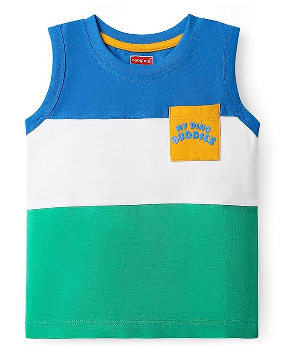 Babyhug Cotton Knit Sleeveless Tank T-Shirts with Dino Print & Stripes Pack of 3 - Multicolor