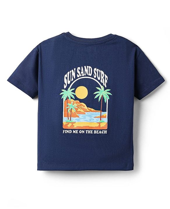 Babyhug Cotton Knit Half Sleeves T-Shirt with Front & Back Beach Theme Print - Navy Blue
