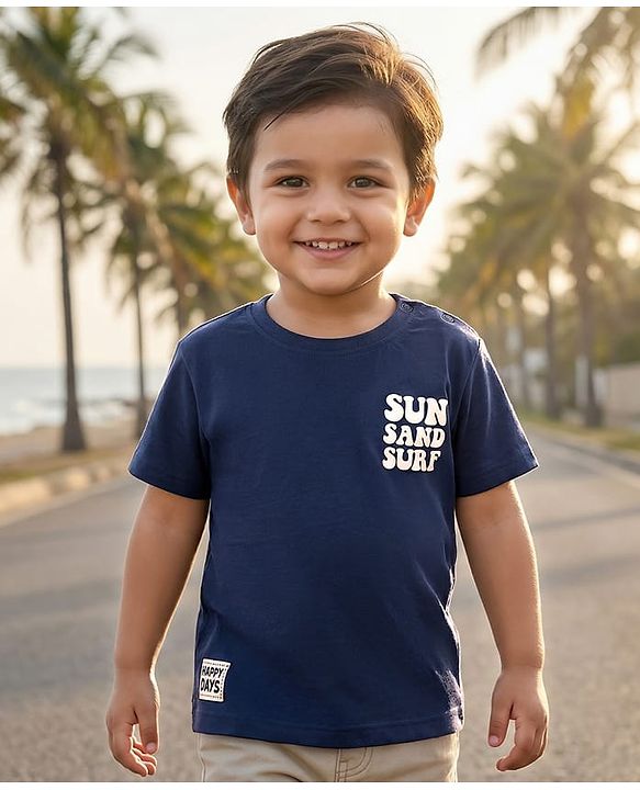 Babyhug Cotton Knit Half Sleeves T-Shirt with Front & Back Beach Theme Print - Navy Blue
