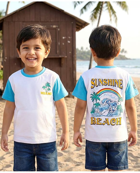 Babyhug Cotton Knit Half Sleeves Oversized T-Shirt with Front & Back Beach Theme Print - White