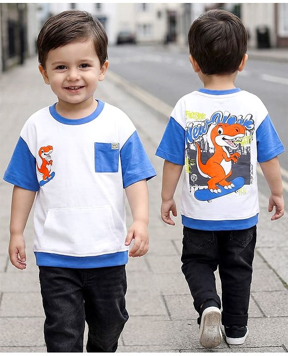 Babyhug Cotton Half Sleeves T-Shirt & Denim Shorts Set Text Print- Red & Blue