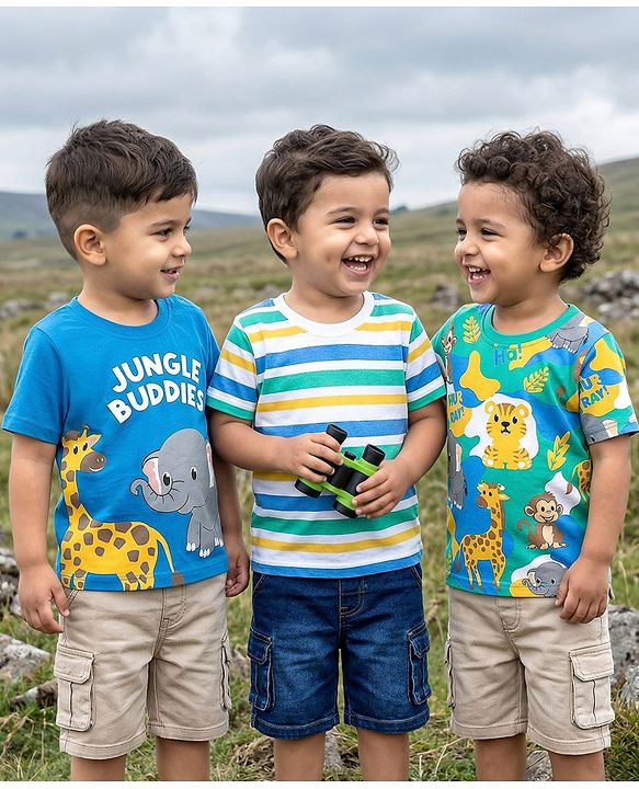 Babyhug Cotton Knit Half Sleeves T-Shirt with Jungle Theme Print & Stripes Pack of 3 - Blue White & Light Green