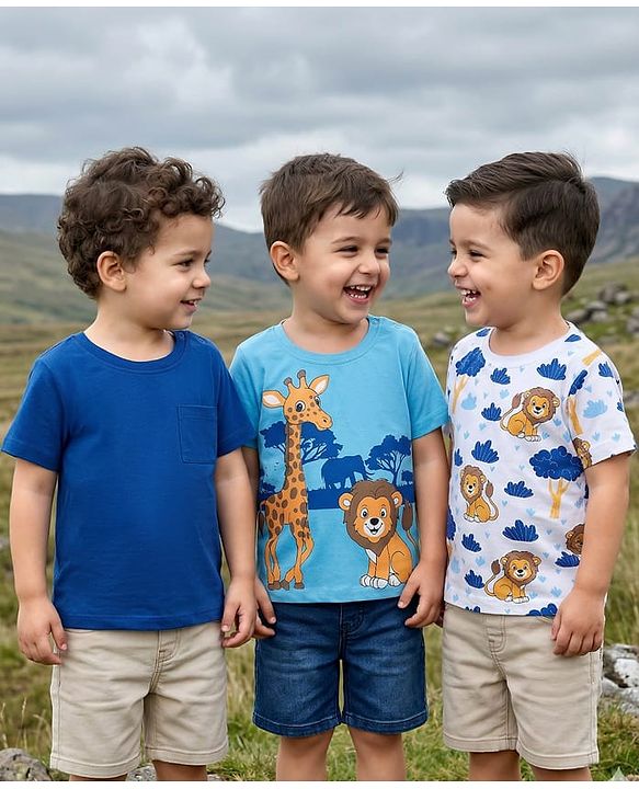 Babyhug Cotton Knit Half Sleeves T-Shirts with Jungle Theme Print Pack of 3 - Blue & White