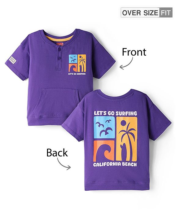 Babyhug Cotton Knit Half Sleeves Oversized Henley T-Shirt with Beach Theme Front & Back Print - Purple