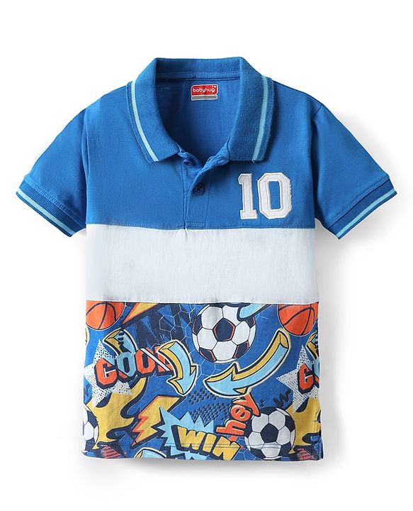 Babyhug Cotton Knit Half Sleeves Polo T-Shirt With Football Graphics - Blue