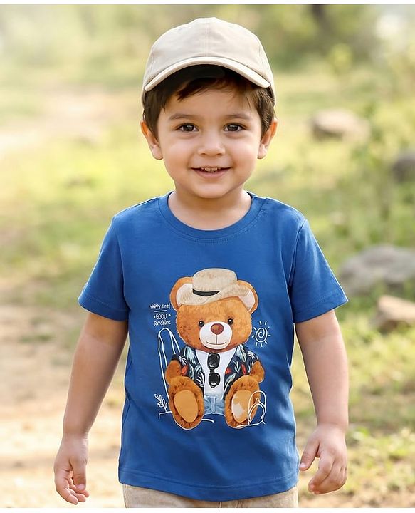 Babyhug Cotton Knit Half Sleeves T-Shirt With Teddy Bear Print - Blue