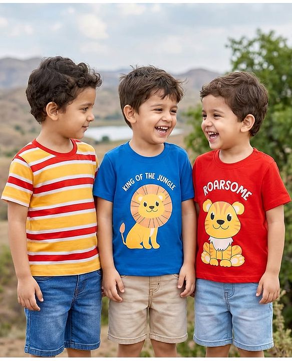 Babyhug Cotton Knit Half Sleeves T-Shirts with Animal Print & Stripes Pack of 3 - Red Blue & Yellow
