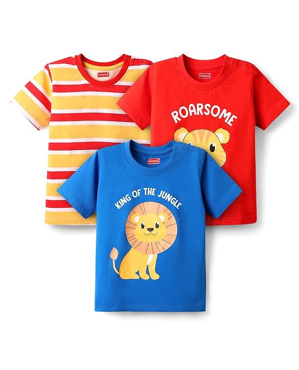 Babyhug Cotton Knit Half Sleeves T-Shirts with Animal Print & Stripes Pack of 3 - Red Blue & Yellow