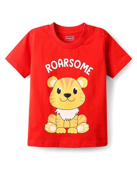 Babyhug Cotton Knit Half Sleeves T-Shirts with Animal Print & Stripes Pack of 3 - Red Blue & Yellow