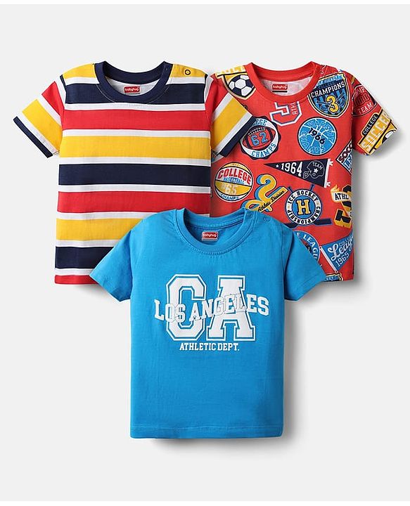 Babyhug Cotton Knit Half Sleeves T-Shirt With Stripes & Awesome Text Print Pack Of 3 - Yellow Red & Blue