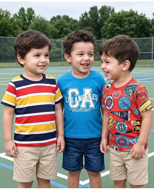 Babyhug Cotton Knit Half Sleeves T-Shirt With Stripes & Awesome Text Print Pack Of 3 - Yellow Red & Blue
