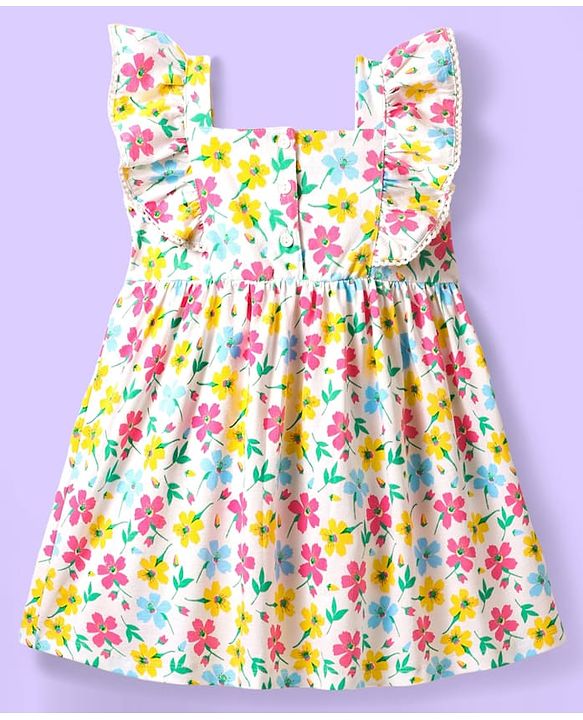 Babyhug Cotton Woven Frill Sleeves Frock with Floral Print & Bow Applique - White