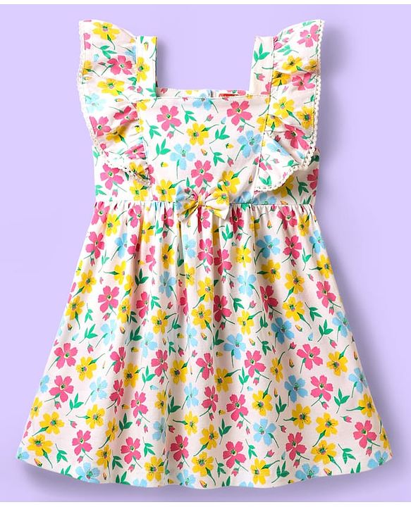 Babyhug Cotton Woven Frill Sleeves Frock with Floral Print & Bow Applique - White