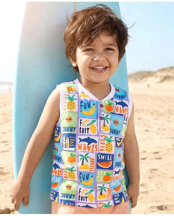 Babyhug Cotton Knit Sleeveless Henley Tank T-Shirt with Beach Theme Print - White