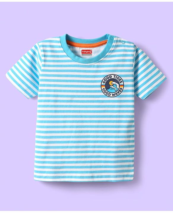 Babyhug Cotton Knit Half Sleeves T-Shirts with Text Print & Stripes Pack of 3 - Orange Navy & Light Blue