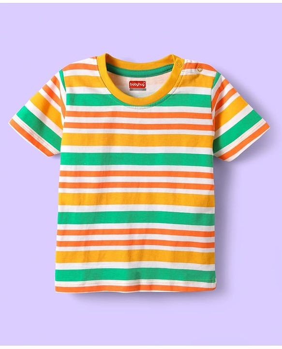 Babyhug Cotton Knit Half Sleeves T-Shirts with Text Print & Stripes Pack of 3 - Orange Navy & Light Blue