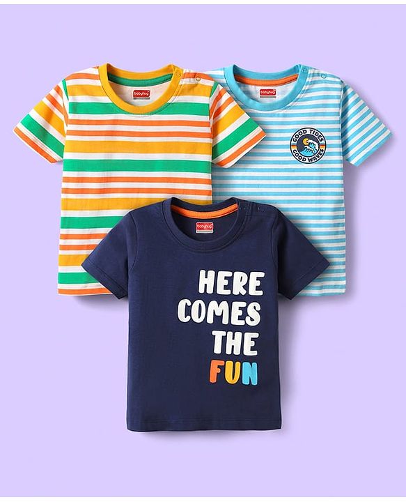 Babyhug Cotton Knit Half Sleeves T-Shirts with Text Print & Stripes Pack of 3 - Orange Navy & Light Blue
