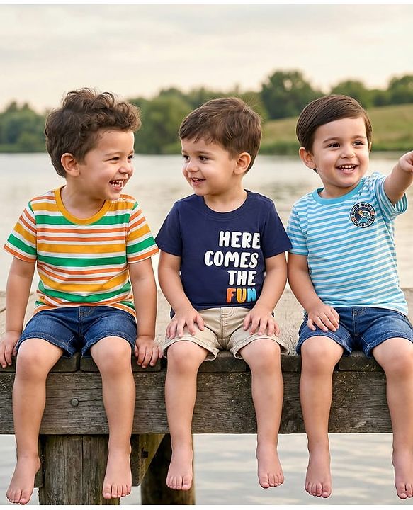 Babyhug Cotton Knit Half Sleeves T-Shirts with Text Print & Stripes Pack of 3 - Orange Navy & Light Blue