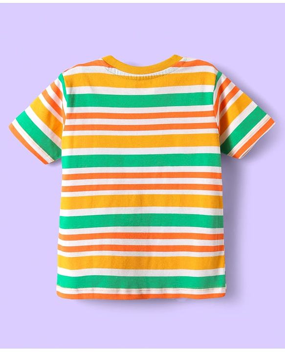 Babyhug Cotton Knit Half Sleeves T-Shirts with Text Print & Stripes Pack of 3 - Orange Navy & Light Blue