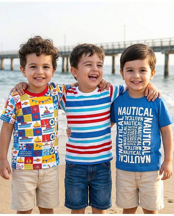 Babyhug Cotton Knit Half Sleeves T-Shirts with Nautical Theme Print & Stripes Pack of 3 - Blue & White