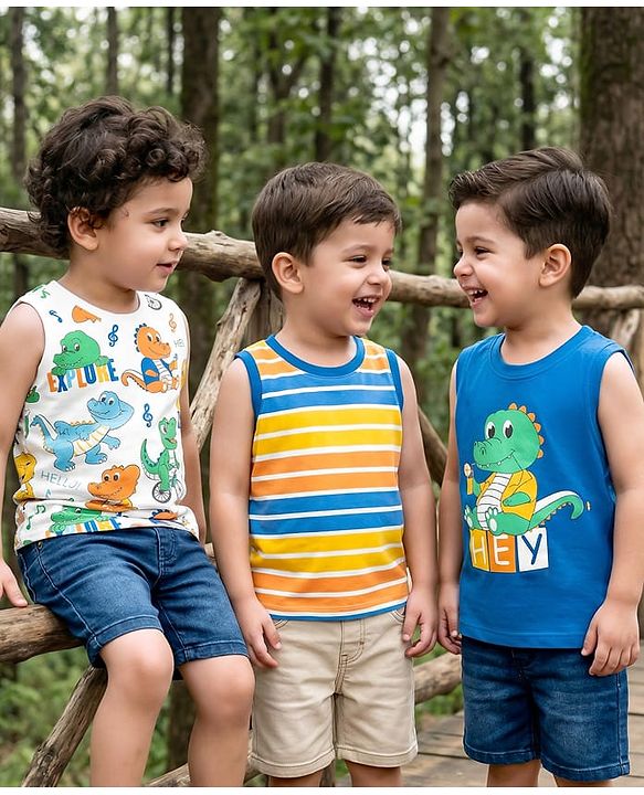 Babyhug Cotton Knit Sleeveless Tank T-Shirts With Stripes & Dino Print Pack Of 3 - White & Blue