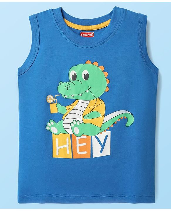 Babyhug Cotton Knit Sleeveless Tank T-Shirts With Stripes & Dino Print Pack Of 3 - White & Blue
