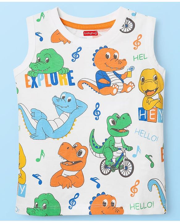 Babyhug Cotton Knit Sleeveless Tank T-Shirts With Stripes & Dino Print Pack Of 3 - White & Blue