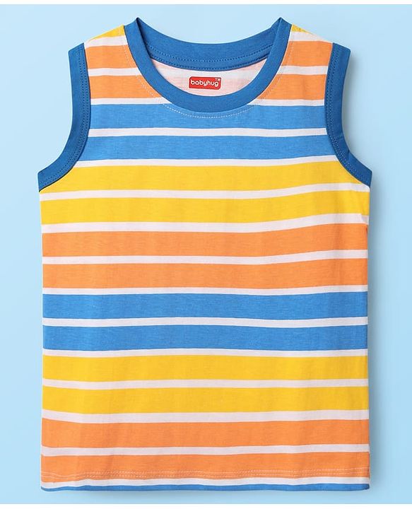 Babyhug Cotton Knit Sleeveless Tank T-Shirts With Stripes & Dino Print Pack Of 3 - White & Blue