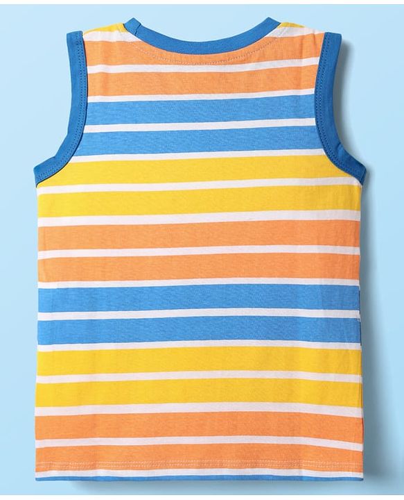 Babyhug Cotton Knit Sleeveless Tank T-Shirts With Stripes & Dino Print Pack Of 3 - White & Blue