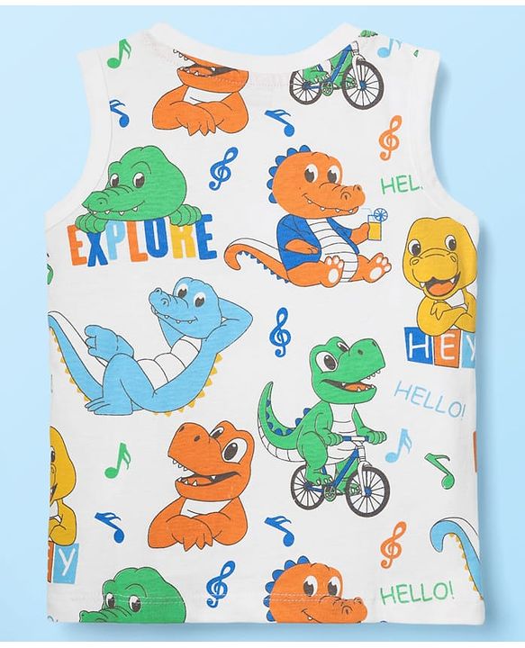 Babyhug Cotton Knit Sleeveless Tank T-Shirts With Stripes & Dino Print Pack Of 3 - White & Blue