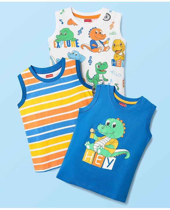 Babyhug Cotton Knit Sleeveless Tank T-Shirts With Stripes & Dino Print Pack Of 3 - White & Blue