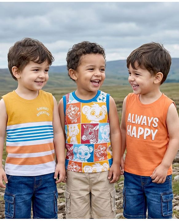 Babyhug Cotton Knit Sleeveless Tank T-Shirts with Safari Print & Stripes Pack of 3 - Multicolor