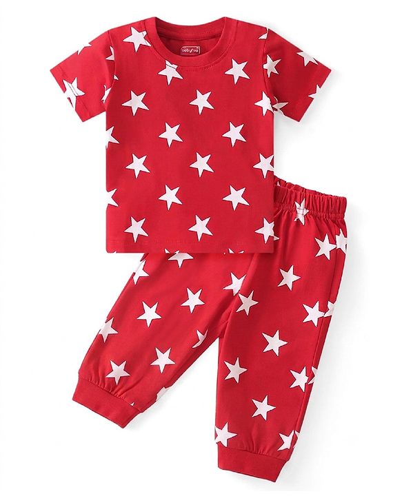 Babyhug Cotton Knit Half Sleeves Night Suit Star Print - Red