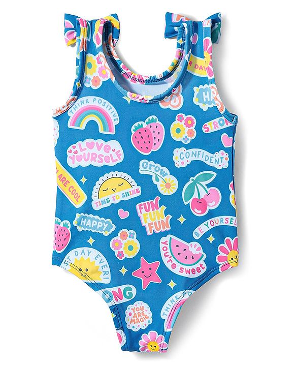 Babyhug Water Repellant  Sleeveless V Cut Swimsuit With Tropical Prints & Bow Applique - Blue