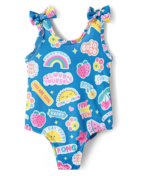 Babyhug Water Repellant  Sleeveless V Cut Swimsuit With Tropical Prints & Bow Applique - Blue