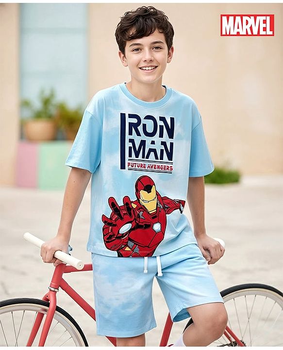 Pine Kids Marvel Single Jersey Knit Half Drop Shoulder Sleeves T-Shirt & Shorts Set With Avengers Graphics Tie & Dye Print & Badge Detailing - Light Blue