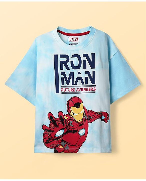 Pine Kids Marvel Single Jersey Knit Half Drop Shoulder Sleeves T-Shirt & Shorts Set With Avengers Graphics Tie & Dye Print & Badge Detailing - Light Blue