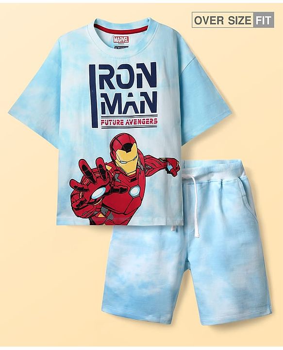 Pine Kids Marvel Single Jersey Knit Half Drop Shoulder Sleeves T-Shirt & Shorts Set With Avengers Graphics Tie & Dye Print & Badge Detailing - Light Blue