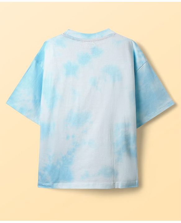 Pine Kids Marvel Single Jersey Knit Half Drop Shoulder Sleeves T-Shirt & Shorts Set With Avengers Graphics Tie & Dye Print & Badge Detailing - Light Blue