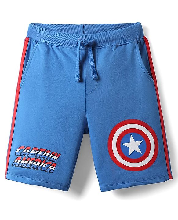 Pine Kids Marvel 100% Cotton Knee Length Shorts With Avengers Captain America Graphics & Tape Detailing - Blue