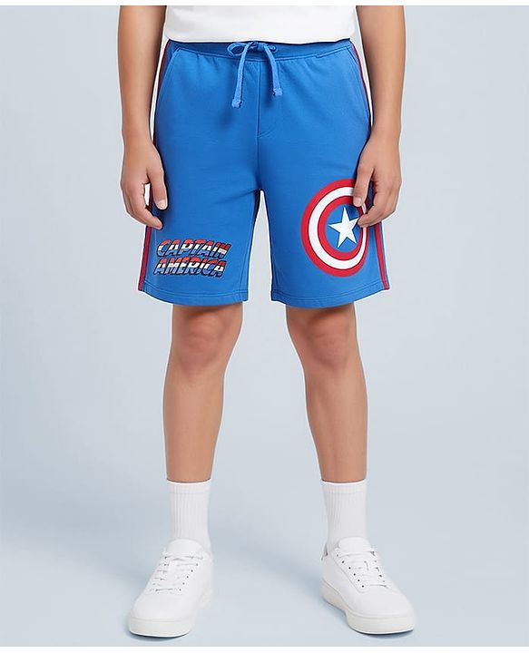 Pine Kids Marvel 100% Cotton Knee Length Shorts With Avengers Captain America Graphics & Tape Detailing - Blue