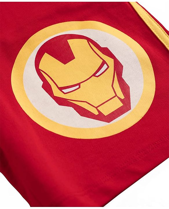 Pine Kids Marvel 100% Cotton Knee Length Shorts With Avengers Iron Man Graphics & Tape Detailing - Red