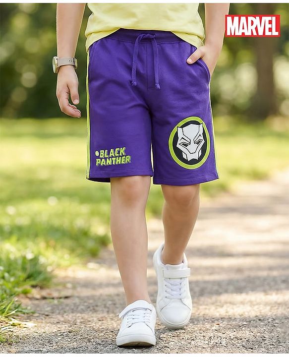 Pine Kids Marvel 100% Cotton Knee Length Shorts With Avengers Black Panther Graphics & Tape Detailing - Purple