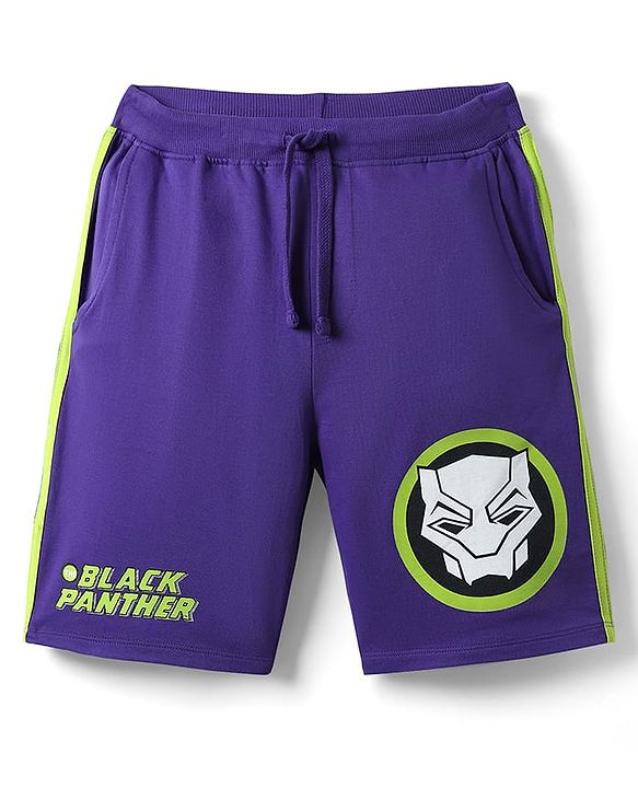 Pine Kids Marvel 100% Cotton Knee Length Shorts With Avengers Black Panther Graphics & Tape Detailing - Purple