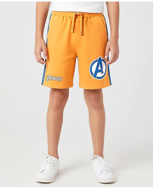 Pine Kids Marvel 100% Cotton Knee Length Shorts With Avengers Graphics & Tape Detailing - Orange