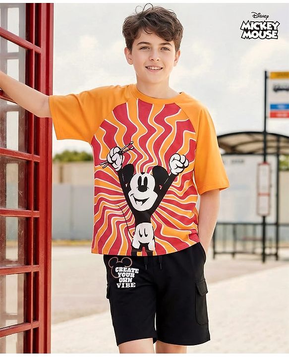 Pine Kids Disney Single Jersey Knit Raglan Drop Shoulder Oversize Half Sleeves T-Shirt & Shorts with Mickey Mouse Graphics with Pocket Detailing - Yellow