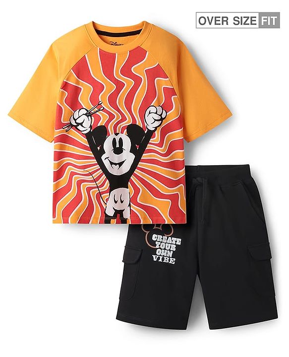 Pine Kids Disney Single Jersey Knit Raglan Drop Shoulder Oversize Half Sleeves T-Shirt & Shorts with Mickey Mouse Graphics with Pocket Detailing - Yellow